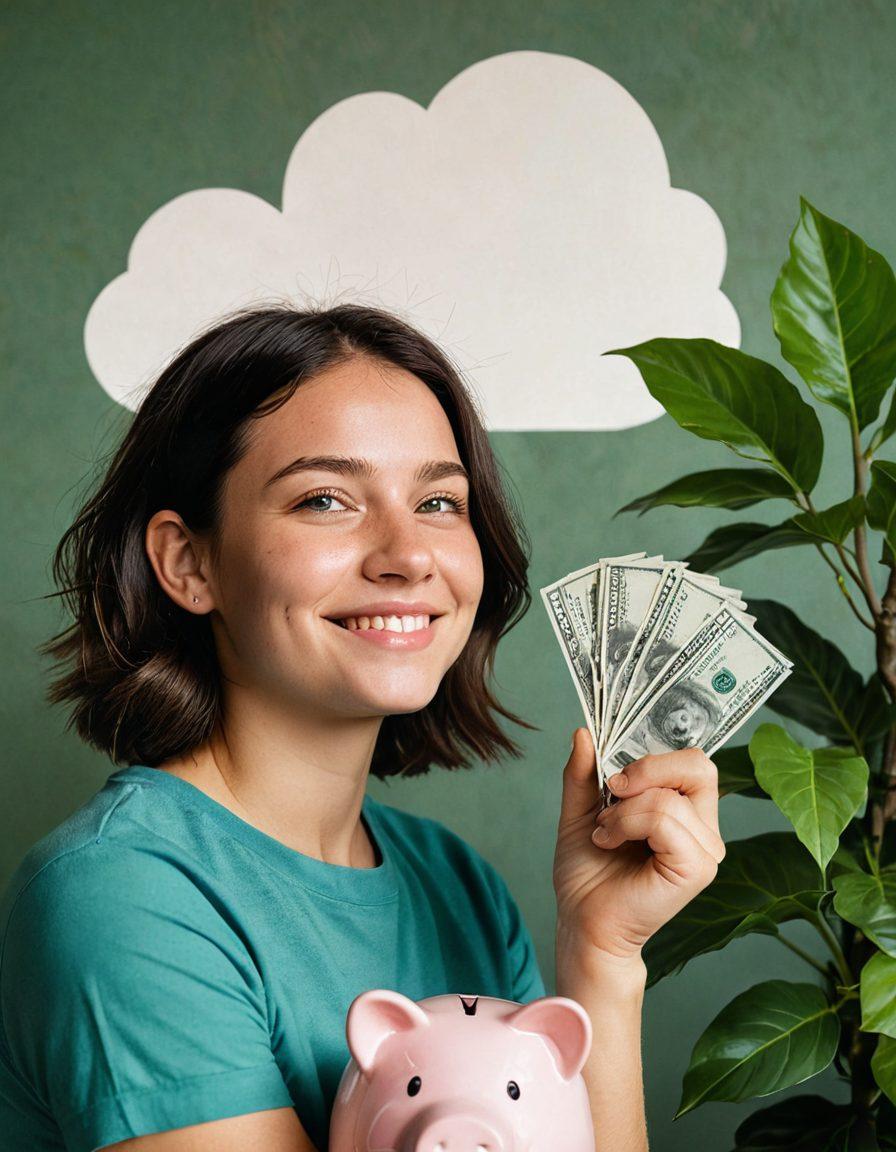 A split image showing a person on one side sitting under a gloomy cloud with bills scattered around, and on the other side standing in the sun with a stack of money and a bright future ahead. Include elements like a growth chart, a piggy bank, and green plants symbolizing prosperity. Use a warm color palette to represent positivity. super-realistic. vibrant colors. uplifting atmosphere.