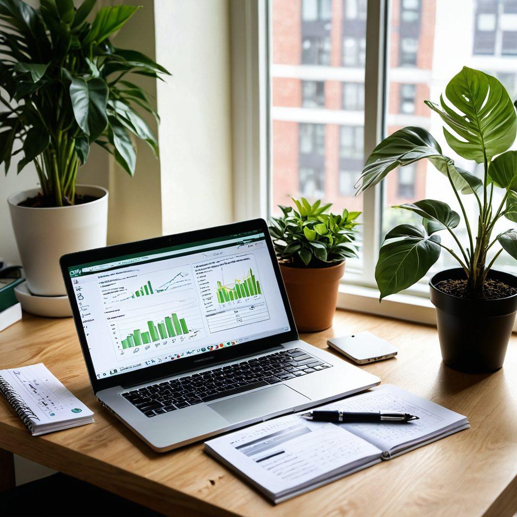 A serene setting with a well-organized workspace featuring a laptop displaying financial graphs, a notepad with budgeting strategies, and a plant symbolizing growth. In the background, a chalkboard with the words 'Financial Independence' and motivational quotes sketched on it. A warm sunlight filtering through a window, casting a glow over the scene. super-realistic. vibrant colors.