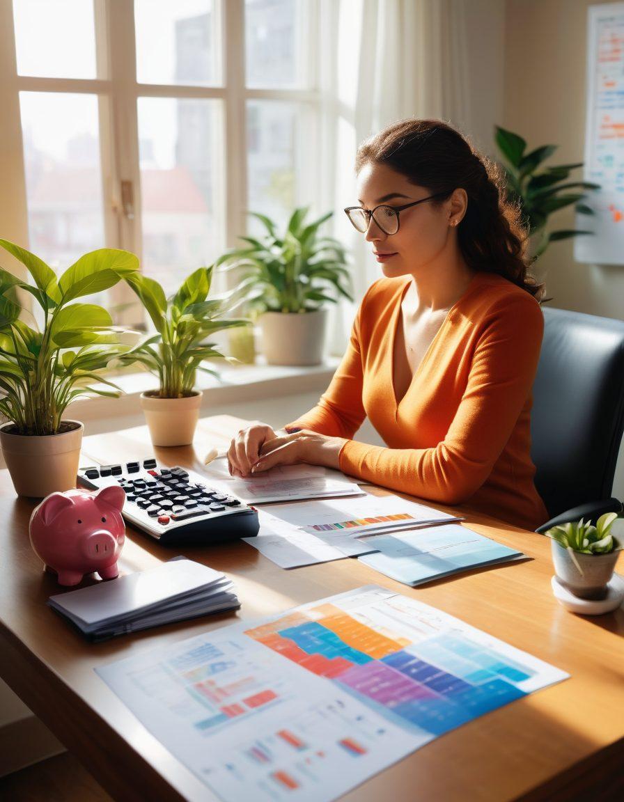 A person confidently managing finances at a desk, surrounded by colorful charts showing debt reduction and financial growth. A large plant symbolizing prosperity grows beside them, while a piggy bank and calculator are prominently featured. The scene conveys a sense of empowerment and clarity, with a bright sun shining through the window. super-realistic. vibrant colors. 3D.